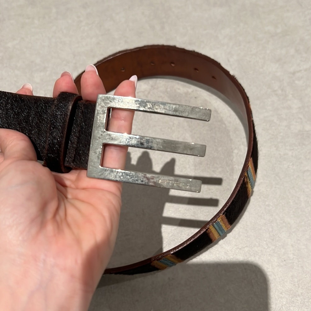 ETRO Milano MEN brown Genuine LEATHER BELT WITH SILVER HARDWARE embroidery - Picture 2 of 5